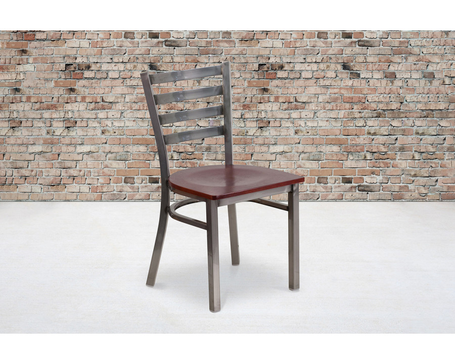 BLNK HERCULES Series Clear Coated Metal Ladder Back Restaurant Chair with Wood Seat - Mahogany