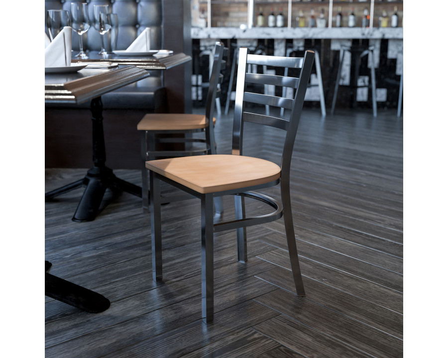 BLNK HERCULES Series Clear Coated Metal Ladder Back Restaurant Chair with Wood Seat - Natural