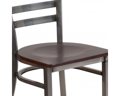 BLNK HERCULES Series Clear Coated Metal Ladder Back Restaurant Chair with Wood Seat - Walnut