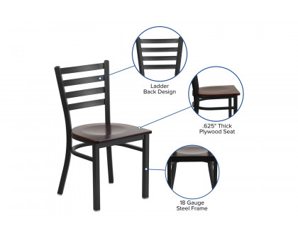 BLNK HERCULES Series Black Metal Ladder Back Restaurant Chair with Wood Seat - Mahogany