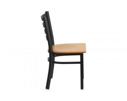 BLNK HERCULES Series Black Metal Ladder Back Restaurant Chair with Wood Seat - Natural