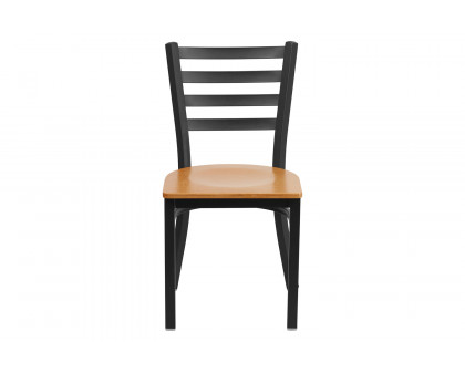 BLNK HERCULES Series Black Metal Ladder Back Restaurant Chair with Wood Seat - Natural