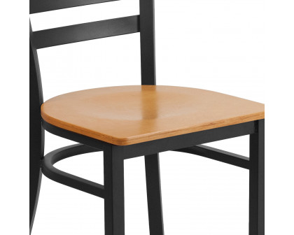 BLNK HERCULES Series Black Metal Ladder Back Restaurant Chair with Wood Seat - Natural