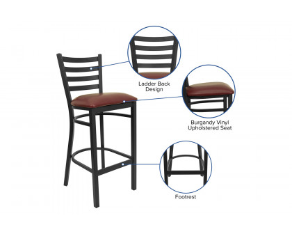 BLNK HERCULES Series Black Metal Ladder Back Restaurant Bar Stool with Vinyl Seat - Burgundy