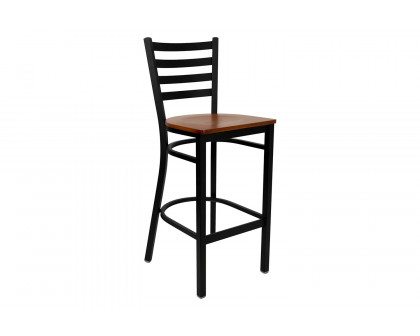 BLNK HERCULES Series Black Metal Ladder Back Restaurant Bar Stool with Wood Seat - Cherry