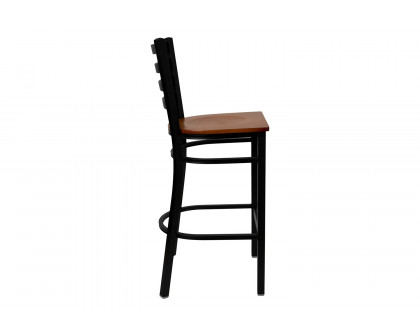 BLNK HERCULES Series Black Metal Ladder Back Restaurant Bar Stool with Wood Seat - Cherry