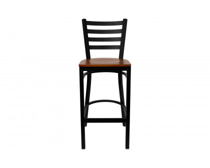 BLNK HERCULES Series Black Metal Ladder Back Restaurant Bar Stool with Wood Seat - Cherry