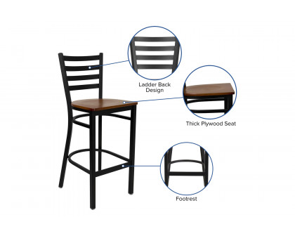 BLNK HERCULES Series Black Metal Ladder Back Restaurant Bar Stool with Wood Seat - Cherry