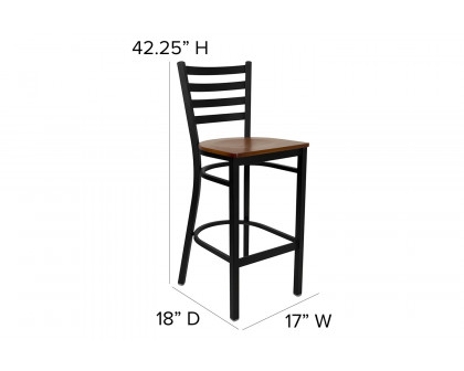 BLNK HERCULES Series Black Metal Ladder Back Restaurant Bar Stool with Wood Seat - Cherry