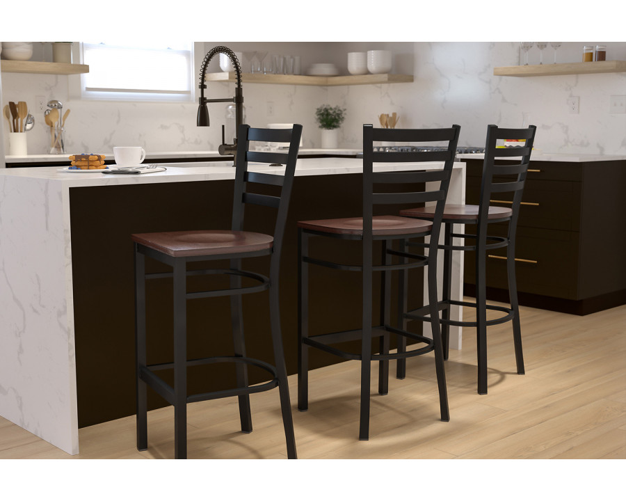 BLNK HERCULES Series Black Metal Ladder Back Restaurant Bar Stool with Wood Seat - Mahogany