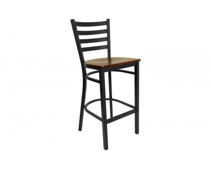 BLNK HERCULES Series Black Metal Ladder Back Restaurant Bar Stool with Wood Seat - Mahogany