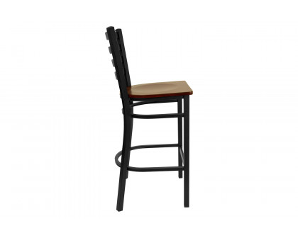 BLNK HERCULES Series Black Metal Ladder Back Restaurant Bar Stool with Wood Seat - Mahogany