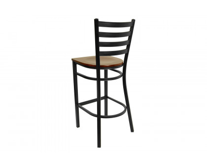 BLNK HERCULES Series Black Metal Ladder Back Restaurant Bar Stool with Wood Seat - Mahogany