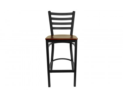 BLNK HERCULES Series Black Metal Ladder Back Restaurant Bar Stool with Wood Seat - Mahogany