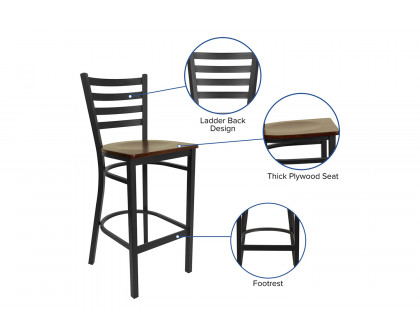 BLNK HERCULES Series Black Metal Ladder Back Restaurant Bar Stool with Wood Seat - Mahogany