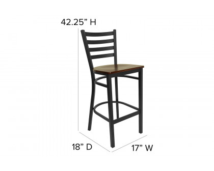 BLNK HERCULES Series Black Metal Ladder Back Restaurant Bar Stool with Wood Seat - Mahogany