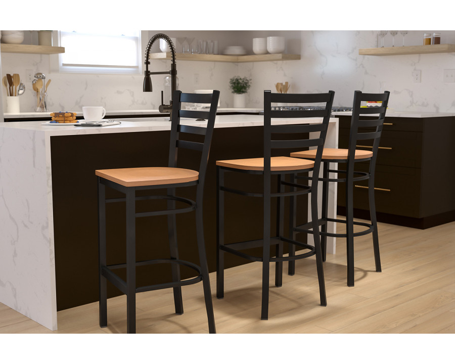 BLNK HERCULES Series Black Metal Ladder Back Restaurant Bar Stool with Wood Seat