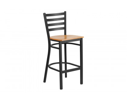 BLNK HERCULES Series Black Metal Ladder Back Restaurant Bar Stool with Wood Seat