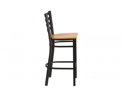 BLNK HERCULES Series Black Metal Ladder Back Restaurant Bar Stool with Wood Seat - Natural