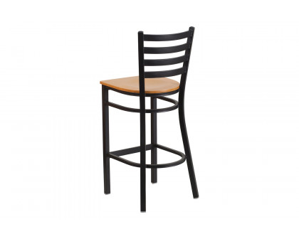 BLNK HERCULES Series Black Metal Ladder Back Restaurant Bar Stool with Wood Seat - Natural