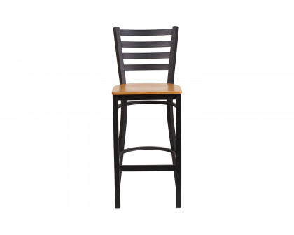 BLNK HERCULES Series Black Metal Ladder Back Restaurant Bar Stool with Wood Seat - Natural