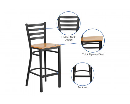 BLNK HERCULES Series Black Metal Ladder Back Restaurant Bar Stool with Wood Seat - Natural