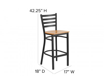 BLNK HERCULES Series Black Metal Ladder Back Restaurant Bar Stool with Wood Seat - Natural