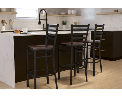 BLNK HERCULES Series Black Metal Ladder Back Restaurant Bar Stool with Wood Seat