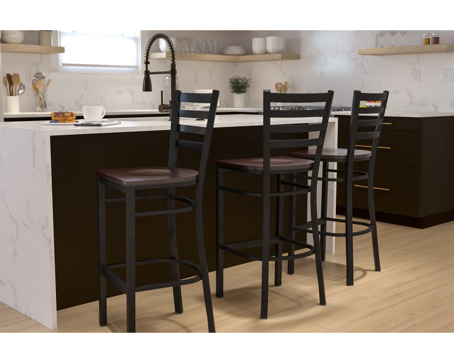 BLNK HERCULES Series Black Metal Ladder Back Restaurant Bar Stool with Wood Seat - Walnut