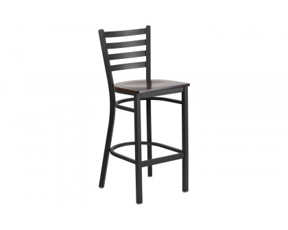 BLNK HERCULES Series Black Metal Ladder Back Restaurant Bar Stool with Wood Seat - Walnut