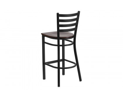 BLNK HERCULES Series Black Metal Ladder Back Restaurant Bar Stool with Wood Seat - Walnut