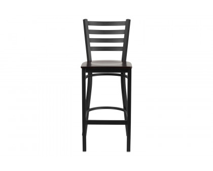 BLNK HERCULES Series Black Metal Ladder Back Restaurant Bar Stool with Wood Seat - Walnut