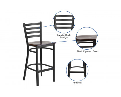 BLNK HERCULES Series Black Metal Ladder Back Restaurant Bar Stool with Wood Seat - Walnut