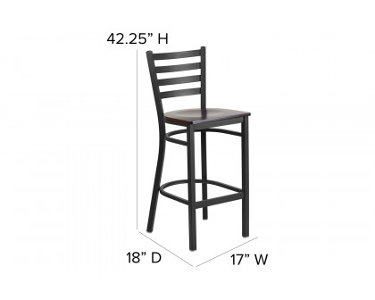 BLNK HERCULES Series Black Metal Ladder Back Restaurant Bar Stool with Wood Seat - Walnut