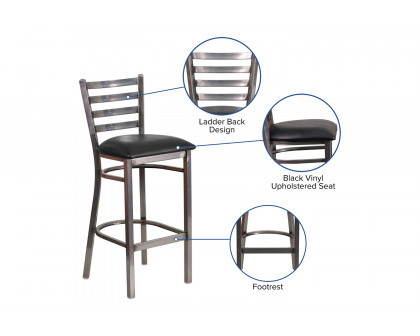 BLNK HERCULES Series Clear Coated Metal Ladder Back Restaurant Bar Stool with Vinyl Seat - Black