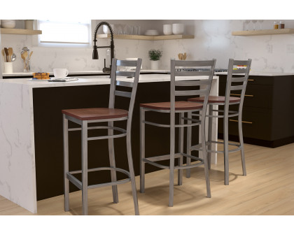 BLNK HERCULES Series Clear Coated Metal Ladder Back Restaurant Bar Stool with Wood Seat