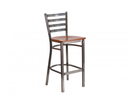 BLNK HERCULES Series Clear Coated Metal Ladder Back Restaurant Bar Stool with Wood Seat - Cherry