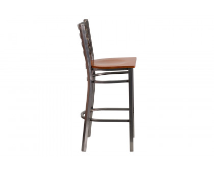 BLNK HERCULES Series Clear Coated Metal Ladder Back Restaurant Bar Stool with Wood Seat - Cherry