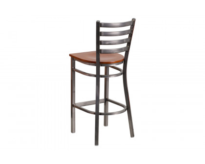 BLNK HERCULES Series Clear Coated Metal Ladder Back Restaurant Bar Stool with Wood Seat - Cherry