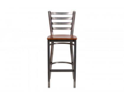 BLNK HERCULES Series Clear Coated Metal Ladder Back Restaurant Bar Stool with Wood Seat - Cherry