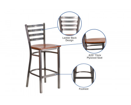 BLNK HERCULES Series Clear Coated Metal Ladder Back Restaurant Bar Stool with Wood Seat - Cherry