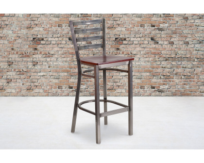 BLNK HERCULES Series Clear Coated Metal Ladder Back Restaurant Bar Stool with Wood Seat