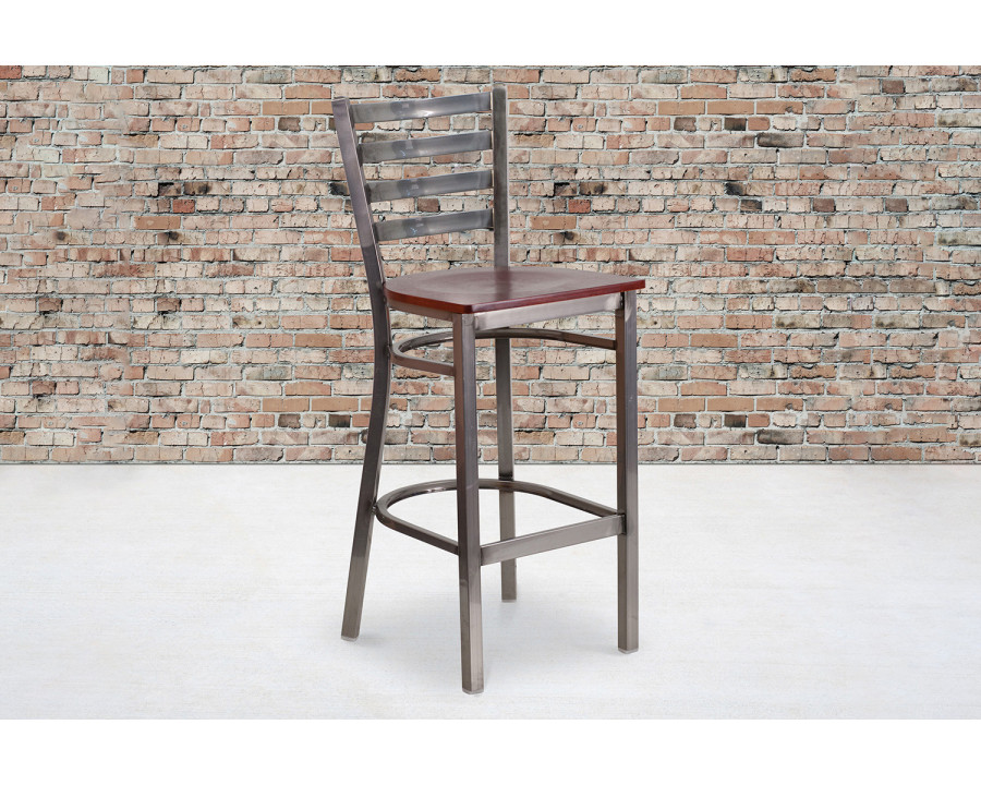 BLNK HERCULES Series Clear Coated Metal Ladder Back Restaurant Bar Stool with Wood Seat - Mahogany