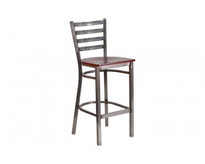 BLNK HERCULES Series Clear Coated Metal Ladder Back Restaurant Bar Stool with Wood Seat - Mahogany