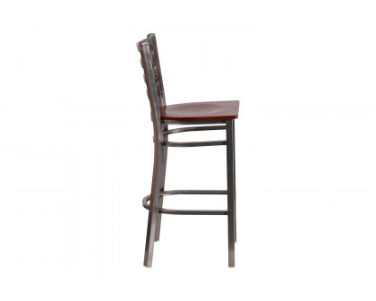 BLNK HERCULES Series Clear Coated Metal Ladder Back Restaurant Bar Stool with Wood Seat - Mahogany