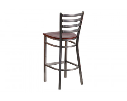 BLNK HERCULES Series Clear Coated Metal Ladder Back Restaurant Bar Stool with Wood Seat - Mahogany