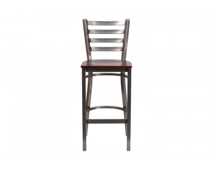 BLNK HERCULES Series Clear Coated Metal Ladder Back Restaurant Bar Stool with Wood Seat - Mahogany