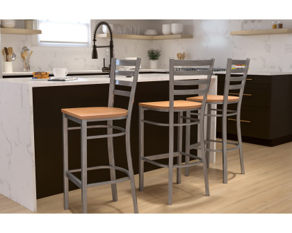 BLNK HERCULES Series Clear Coated Metal Ladder Back Restaurant Bar Stool with Wood Seat