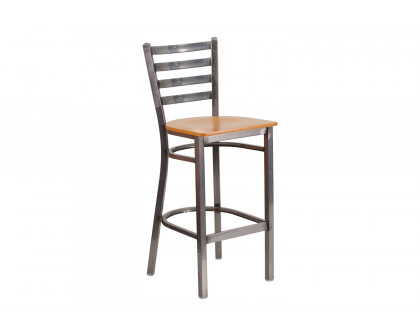 BLNK HERCULES Series Clear Coated Metal Ladder Back Restaurant Bar Stool with Wood Seat - Natural