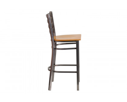 BLNK HERCULES Series Clear Coated Metal Ladder Back Restaurant Bar Stool with Wood Seat - Natural